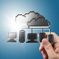 Hand holds pixel cloud network icon sign Royalty Free Stock Photo
