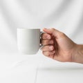 A hand holds a plain white ceramic mug, positioned against a Royalty Free Stock Photo