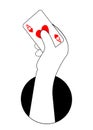 Hand holds a playing card ace of hearts of red color from a black hole of the abyss. Concept of winning a casino or good luck in