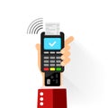 Hand holds POS terminal icon flat. Payment icon via NFC technology. Contactless card payment systems on isolated background. EPS