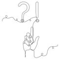 Hand holds question and exclamation mark one line art,hand drawn asking and admiration signs,continuous contour.Minimalistic art