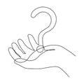 Hand holds question mark one line art, hand drawn asking sign, idea continuous contour. Query FAQ concept, finding answer.