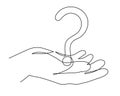 Hand holds question mark one line art, hand drawn asking sign, idea continuous contour. Query FAQ concept, finding answer.