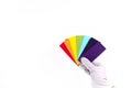 Hand holds a rainbow color palette of paints on a white background Royalty Free Stock Photo