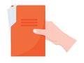 Hand holds a red folder with documents. Royalty Free Stock Photo