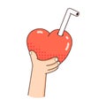 Hand holds red heart. Love cocktail with straw. Heart shape. Valentines day vector Illustration Royalty Free Stock Photo