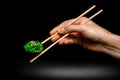 hand holds roll of gunkan sushi with chukka and sesame seeds wrapped in nori seaweed with chopsticks on dark background.