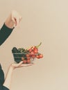 Hand holds shopping cart with vegetables Royalty Free Stock Photo