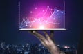 Hand Holding Tablet with Data Visualization Graph in Front of Night City Skyline, Showing Business Growth and Digital Royalty Free Stock Photo