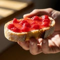 Bread has a lightly crisp crust and soft interior with the jam adding a Royalty Free Stock Photo