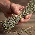 A wooden surface with a few scattered rosemary leaves contrasting with Royalty Free Stock Photo