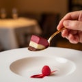 hand holding a small gold spoon with a perfect bite of raspberry cakedessert lifted above an elegant white plate Royalty Free Stock Photo