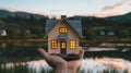 A hand holds a small model house with glowing windows. The background features a serene lake and mountains during sunset Royalty Free Stock Photo