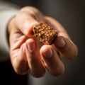 A hand holds a small, rectangular chocolate piece with a textured, nutty Royalty Free Stock Photo