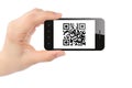 Hand holds smart phone with QR code Royalty Free Stock Photo