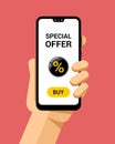 Hand holds the smartphone. Application with discount sale badge. Flat vector modern phone mock-up illustration Royalty Free Stock Photo