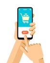 Hand holds the smartphone. Application with online shoppig cart. Flat vector modern phone mock-up illustration Royalty Free Stock Photo