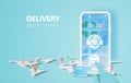 Hand holds smartphone with buy now application.Delivery service location map concept.Creative world network online paper cut and
