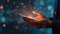 Hand holds smartphone connected by glowing digital network lines. Data streams flow from screen with sparkling particles. Online Royalty Free Stock Photo