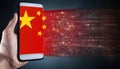Firefly Chinese intelligence monitors data streams through a smartphone showcasing binary code and national symbols in a
