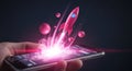 Hand Holding Smartphone with Pink Rocket Launching and Abstract Elements mobile phone technology Royalty Free Stock Photo