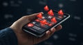 A hand holds a smartphone displaying a digital security alert interface. The screen