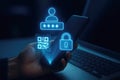Hand holding a smartphone displaying holographic icons for user login, password, QR code, and lock technology Royalty Free Stock Photo