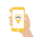 Hand holds smartphone with taxi yellow pin on screen. Vector taxi mobile app icon Royalty Free Stock Photo