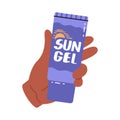 Hand holds spf cream. Skin sun protection product