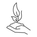 Hand holds sprout in soil thin line icon, ecology concept, seedling with handful of soil on hand sign on white Royalty Free Stock Photo