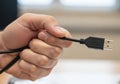 A hand holds a standard USB Type-A cable by the black connector. Royalty Free Stock Photo
