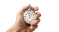 Stopwatch timer in hand for time management and precision timing on white background studio shot closeup Royalty Free Stock Photo