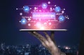 Modern Hand Holding Tablet with Cloud Computing Graphics and Icons Representing Data Management, Technology, and Royalty Free Stock Photo