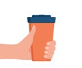 Hand holds takeaway coffee in reusable mug. Bring your own cup. Take away drink. Coffee to go. Vector illustration