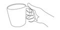 Hand holds tea coffee cup one-line art, hand drawn palm with mug continuous contour. Delicious flavored drink. Editable stroke. Royalty Free Stock Photo