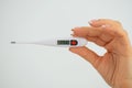 A hand holds a thermometer. Fever as a sign of Coronovirus Covid-19