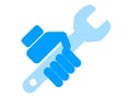 Icon, Blue hand holding a tool, wrench on white background