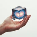 A hand holds a transparent cube featuring a vibrant galaxy image inside, showcasing Royalty Free Stock Photo