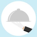 Hand holds a tray with a dish. The waiter brought a dish on a tray. The waiter brought a hot meal. Vector illustration