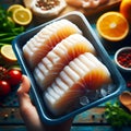 Hand holds a tray of fresh halibut fillets with ice Royalty Free Stock Photo