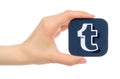 Hand holds Tumblr icon on white background