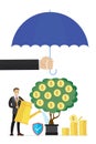 Hand holds umbrella, money tree under protection. Insurance business solution. Venture fund investing in new startups, concept