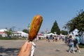 Hand Holds Up A Pronto Pup Smothered In Mustard At The Fairgrounds In Summer