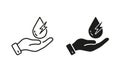 Hand Holds Water Drop, Renewable Hydropower Line and Silhouette Icon Set. Hydroelectric Green Energy Pictogram. Eco Royalty Free Stock Photo