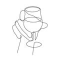 Hand holds wine clinking glass one line art,continuous drawing contour.Cheers toast festive hand drawn decoration for holidays,