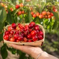 A hand holds a wooden tray full of red cherries against the background of trees with berries Royalty Free Stock Photo
