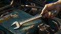 A hand holds a wrench over an open car engine Royalty Free Stock Photo