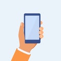 Hand holing smartphone in flat style. Phone in hand concept. Vector EPS10 Royalty Free Stock Photo