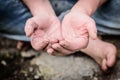 Hand of homeless beggar asks for alms, help, money and food on concrete. Beggar begging on the street. Poverty concept. Royalty Free Stock Photo