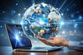 A hand hovers a digital globe above a laptop, showcasing global connectivity and multimedia content through a network of light Royalty Free Stock Photo
